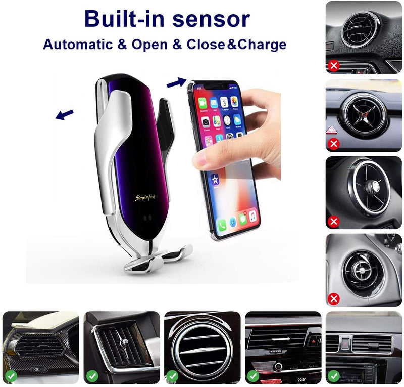 [Australia - AusPower] - Wireless Car Charger Automatic Retractable Touch Sensing Fast Charging Touch Sensing Compatible with iPhone, Samsung +More (Silver) Silver 