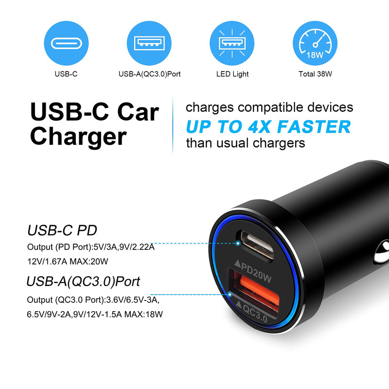 [Australia - AusPower] - USB C Car Charger Fast Charging,38W QC+PD Car Charging Adapter Cigarette Lighter USB Charger for iPhone 13 Pro Max/13 mini/12/12Pro max/11;Samsung Galaxy S21/S21 Ultra/S20 FE;Note 20 Ultra/A22/A72/A52 PD+QC Car Charger 