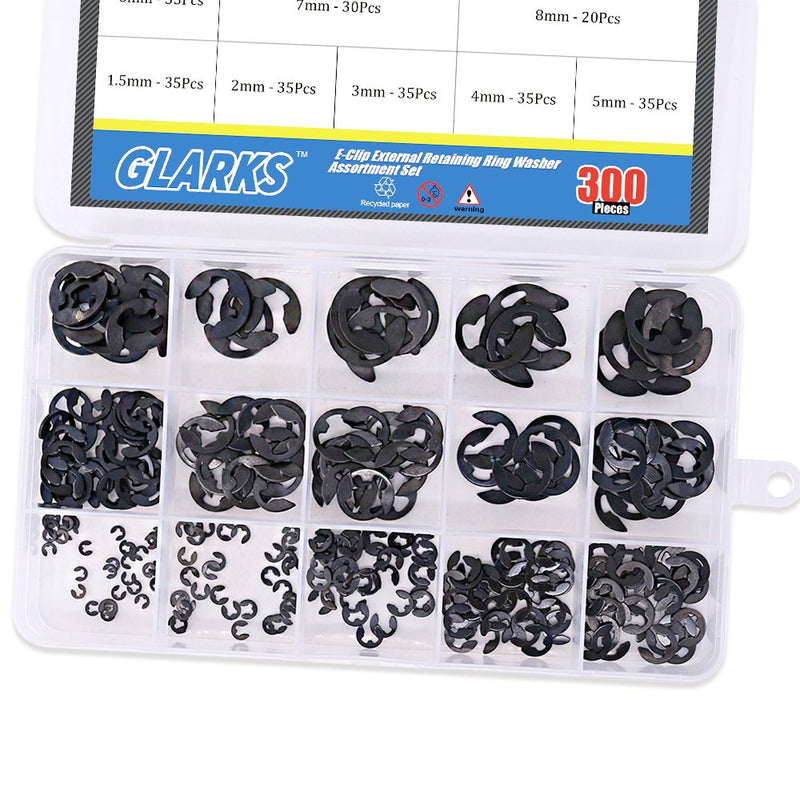 [Australia - AusPower] - Glarks 300-Pieces 10 Size Black Alloy Steel E-Clip External Retaining Ring Washer Assortment Set 