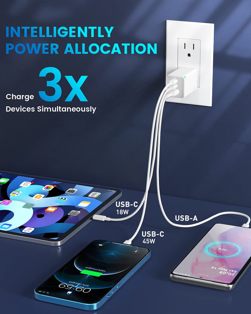 [Australia - AusPower] - USB C Charger, Baseus 65W 3 Port Foldable USB C Wall Charger, Fast PD GaN Charger for iPhone 13/13 Mini/13 Pro/13 Pro Max/SE/11/XR/XS, Samsung S22+/S22, MacBook Pro/Air, iPad, Laptops, Pixel 6, White 