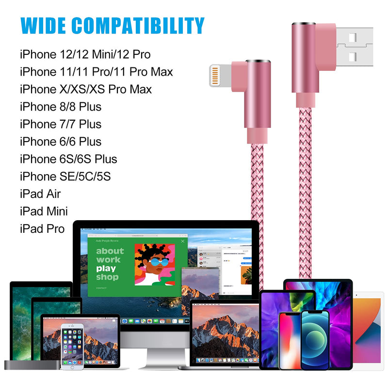 [Australia - AusPower] - Lightning Cable 10 ft 3 Pack MFi Certified 90 Degree iPhone Charger Nylon Braided Double Right Angle iPhone Charging Cable for iPhone 13 12 11 Pro X XS XR 8 Plus 7 6 5(Rose Gold,10 Foot) Rose gold 