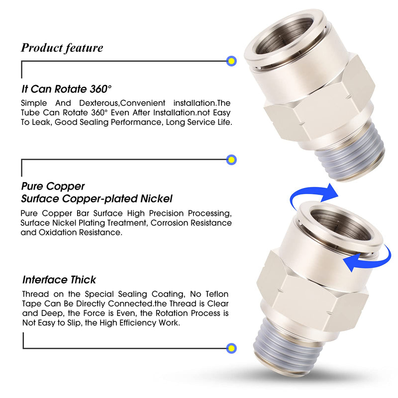 [Australia - AusPower] - TAILONZ PNEUMATIC Male Straight 1/4 Inch Tube OD x 1/8 Inch NPT Thread Push to Connect Fittings Copper Nickel Plating TPC-1/4-N1 (Pack of 10) 1/4"OD-1/8"NPT 