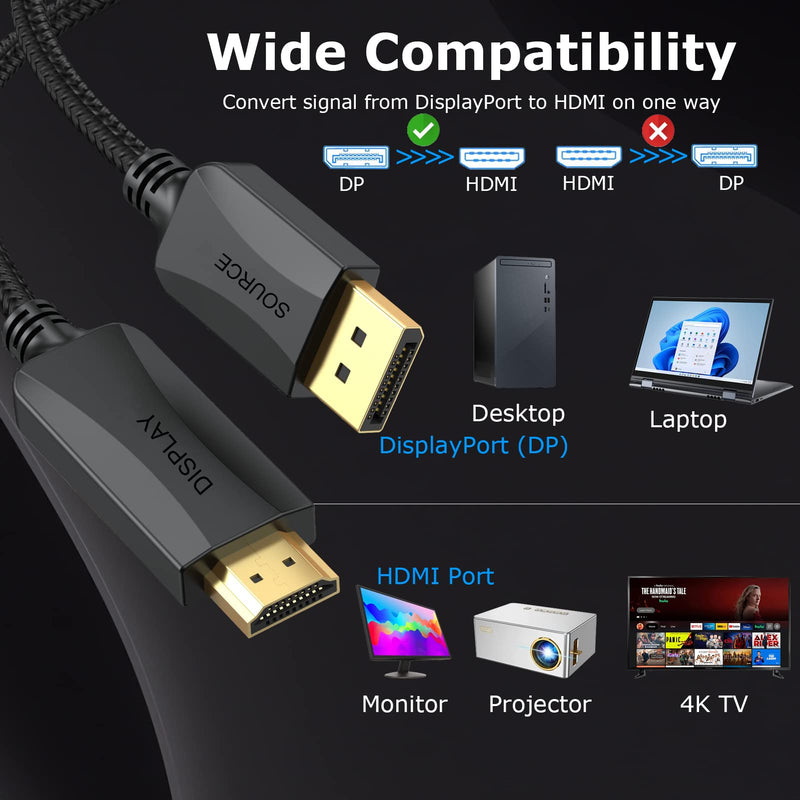 [Australia - AusPower] - 4K DisplayPort to HDMI Cable 6 ft, 4K DP (Display Port) to HDMI Adapter Cord 6ft Braided Male to Male Supports Video and Audio (4k, 2160P, 1440P, 1080P)-NOT Bidirectional 1 