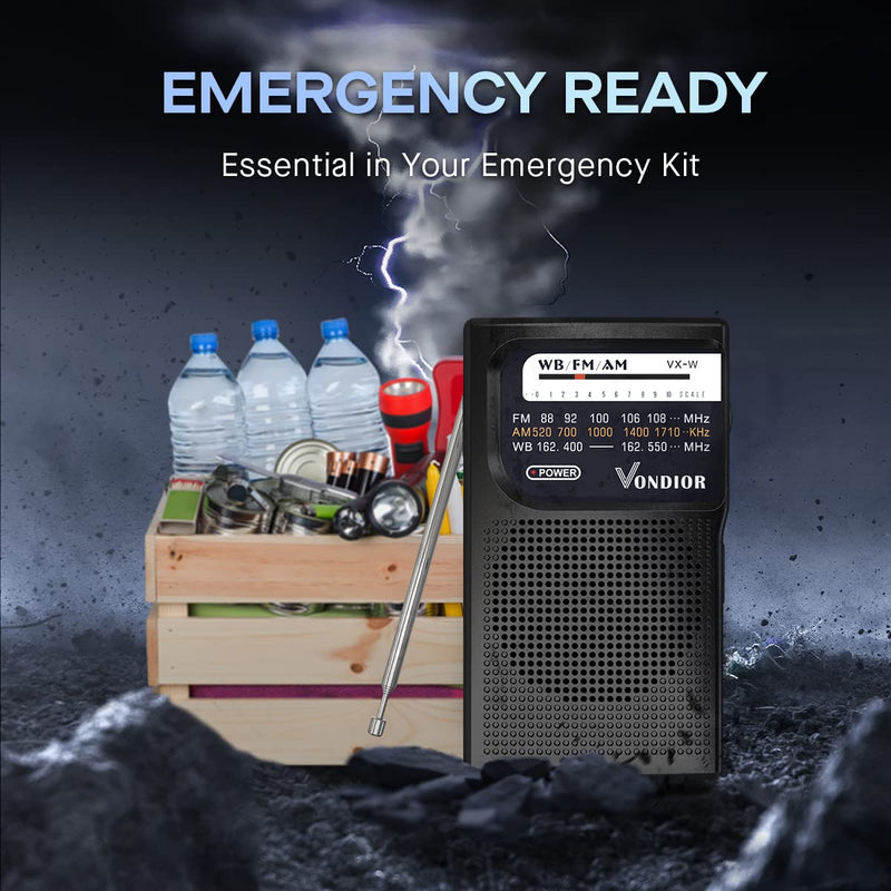 [Australia - AusPower] - NOAA Weather Radio - Emergency NOAA/AM/FM Battery Operated Portable Radio with Best Reception. Hurricane Supplies for Home. Powered by 2 AA Batteries, by Vondior (Black) Black 