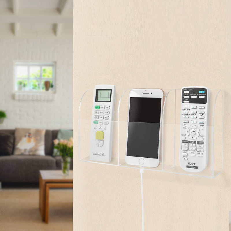 [Australia - AusPower] - Pansyling Large Acrylic 3-Slot Wall Mounted Smart Phone Charging Holder Station Clear Hanging TV Remote Control Holder Organizer Acrylic Wall Pocket Container Bedside Nightstand Clear Phone Charging Stand Caddy Media Organizer Box 3-Slot Phone Holder 