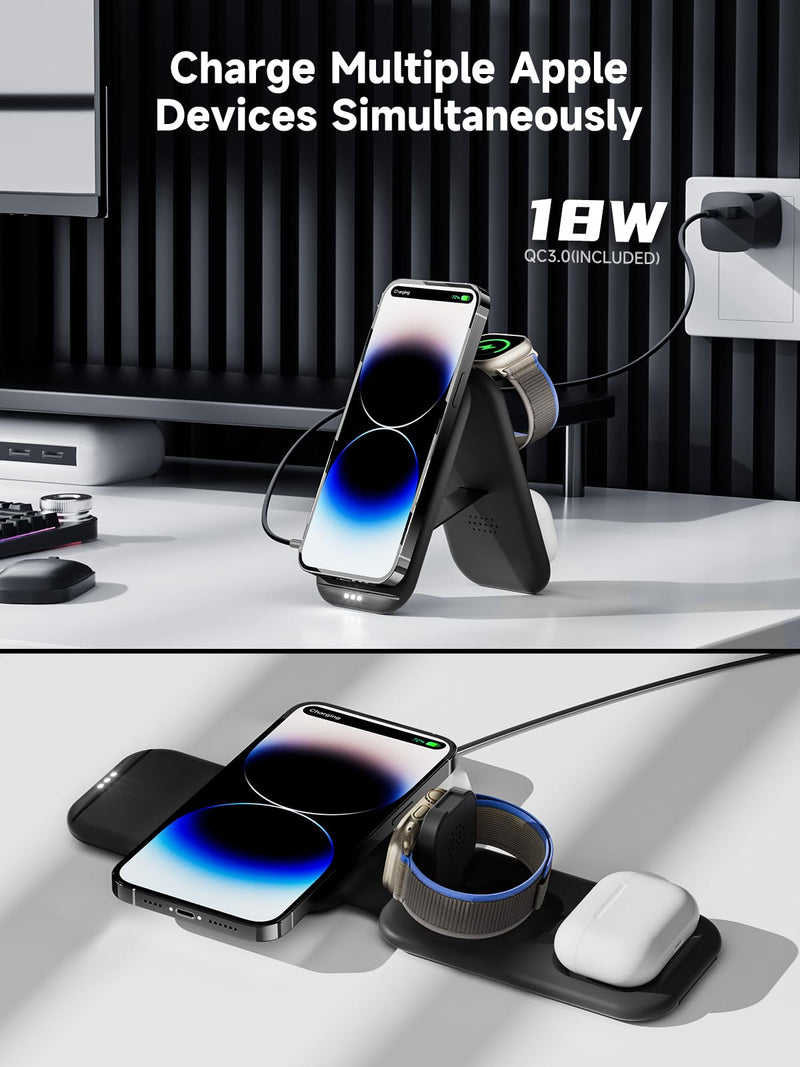 [Australia - AusPower] - 3 in 1 Wireless Charging Station for Apple, Bifrost Ace Foldable Mag-Safe Charger, Magnetic Travel Pad for iPhone 14/13/12 Series,iWatch Series, AirPods Series (Adapter Included) Black 