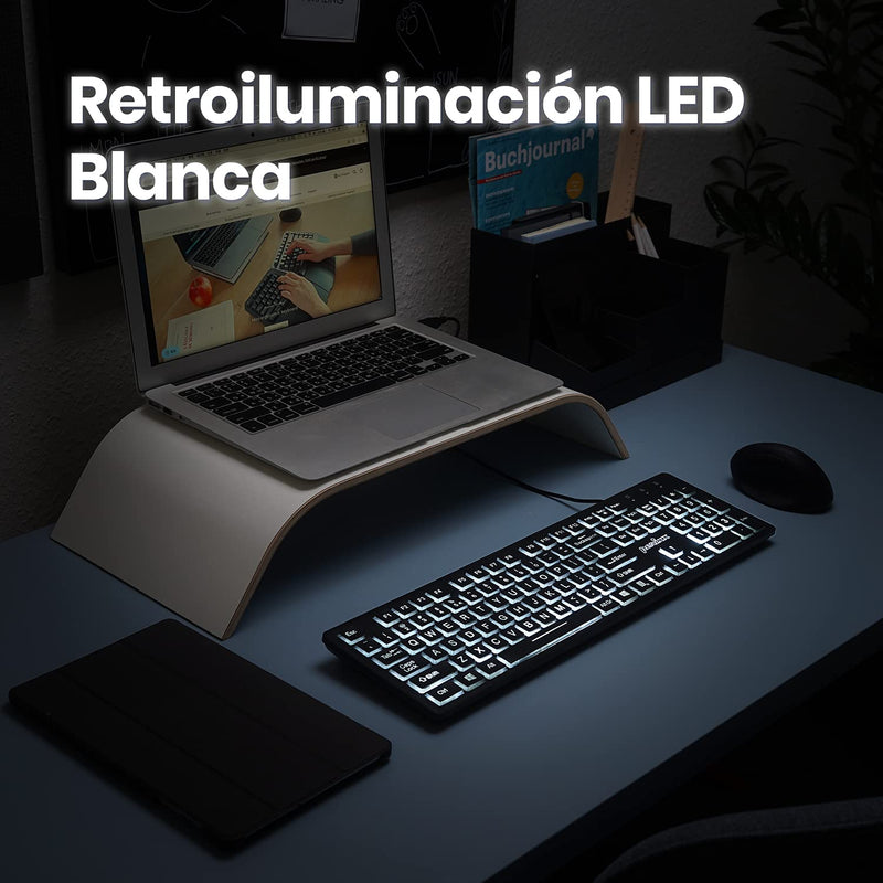 [Australia - AusPower] - Perixx PERIBOARD-317ES es un teclado con cable y retroiluminado LED, Letras impresas en grande con iluminación blanca, Teclado Full Size, QWERTY Español 
