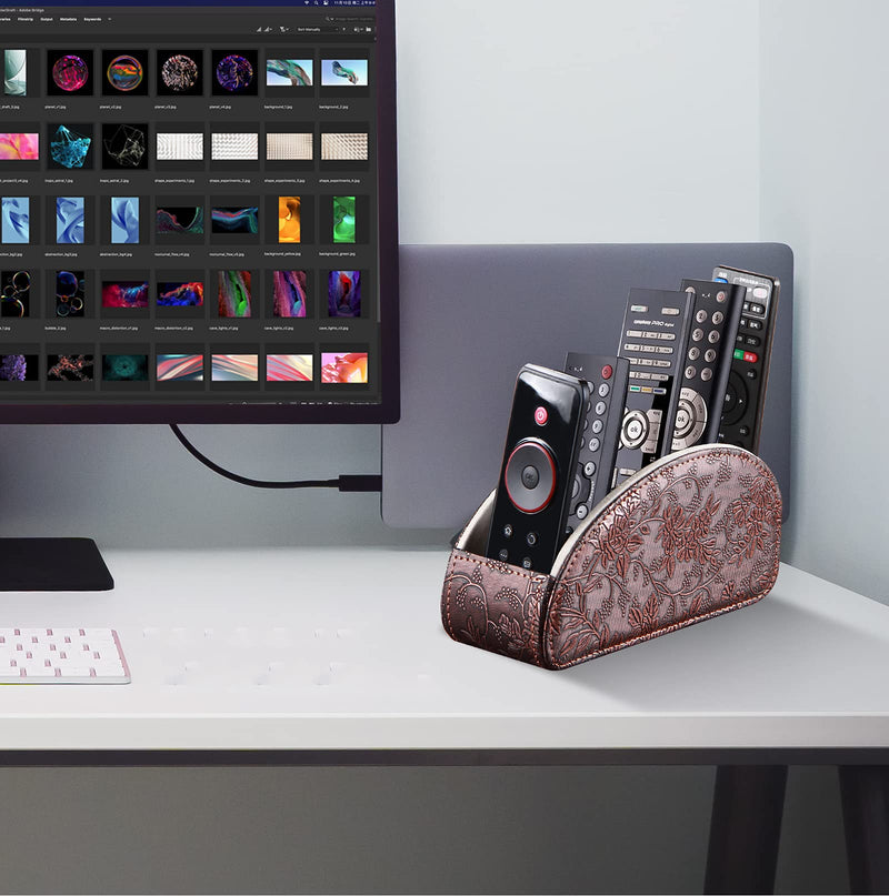 [Australia - AusPower] - All-in-One Leather Brown TV Remote Holder for Remote Conrtols with 5 Compartments Nightstand Desktop Media Player Remote Caddy Storage Box Organizer Tray for Mobile Office Stationery Phone Controller Antique Flower Small 