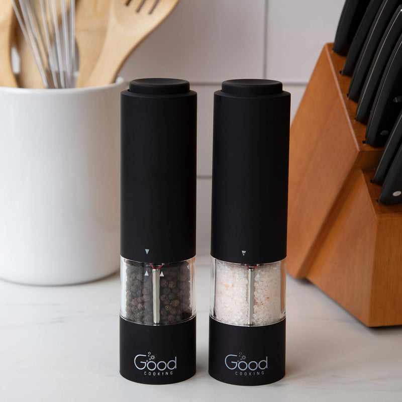 [Australia - AusPower] - Electric Pepper Grinder and Salt Mill (2 Pack)- Battery Operated One-Handed Spice Dispenser w LED Light & Adjustable Coarseness- Matte Black, Batteries Included 2 