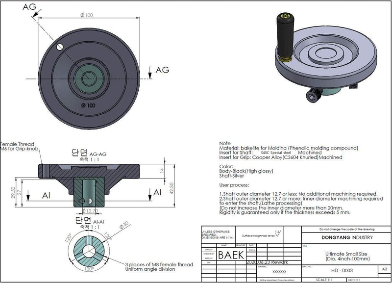 [Australia - AusPower] - The Ultimate Handwheel for 1/2" or less Shaft - OD. 4" with 2 Type Set Screw and Revolving Knob Handle Included Can be Used Every Machinery parts Such as Table Saw, Milling, Lathe, Vise, Machines. 