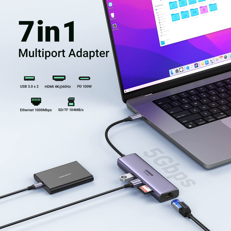 [Australia - AusPower] - UGREEN USB C Hub 4K@60Hz, USB to HDMI Multiport Adapter, 7-in-1 USB Hub for Laptop, 1Gbps Ethernet, 100W PD, SD/TF Card Reader, 2 USB 3.0 Ports, Docking Station Compatible with MacBook, iPad, Surface 