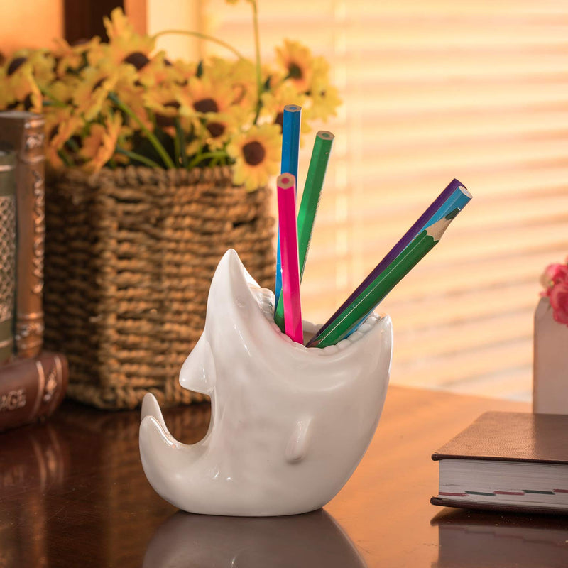 [Australia - AusPower] - ComSaf Cute Shark Shaped Pen Pencil Holder, White Ceramic Succulent Planter Pots for Home Office Decoration Desk Organization, Set of 1 