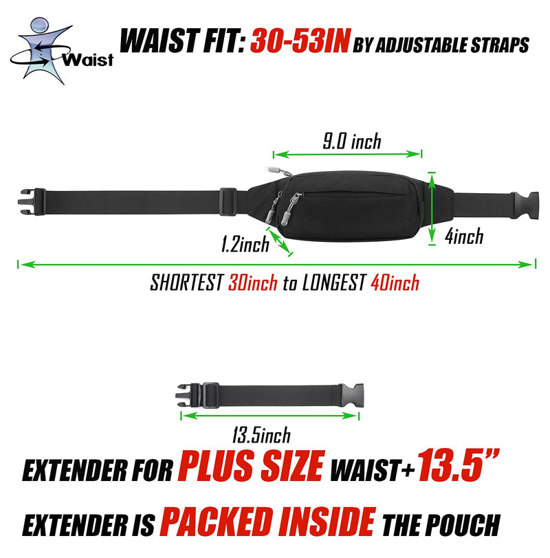 [Australia - AusPower] - USHAKE Fanny Pack Waist Packs with Extender for Men Women, Waist Pouch Bag Hip Pack with 3-Zipper Pockets Adjustable Straps for Casual Travel Hiking Running Outdoor Sports BLACK 