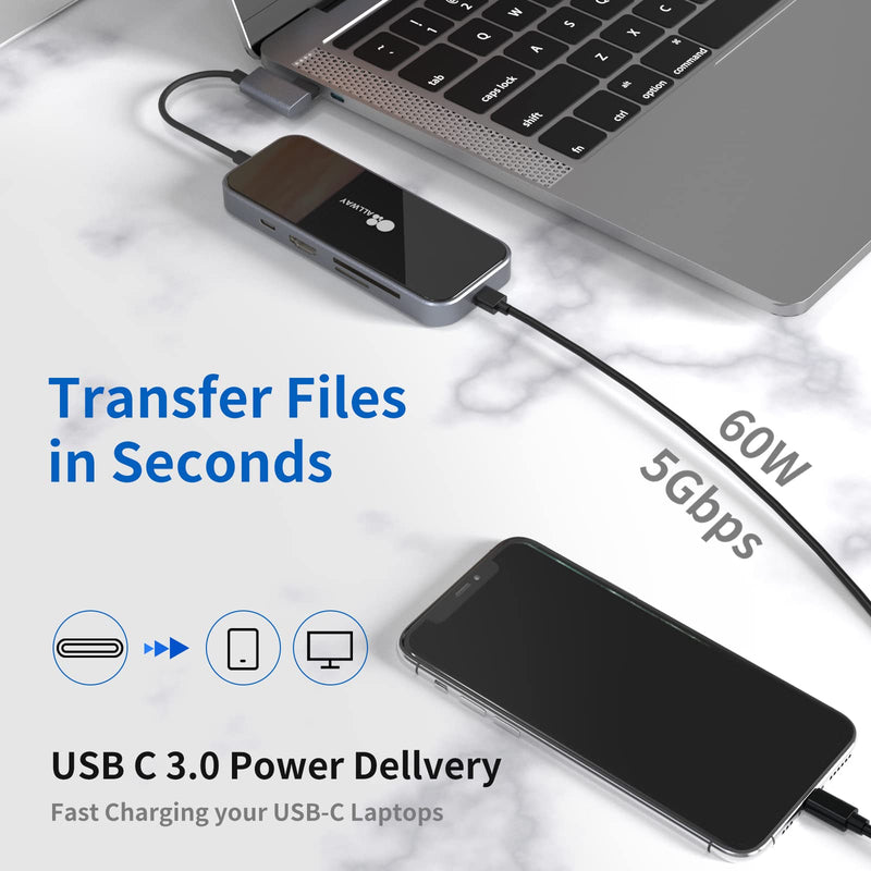 [Australia - AusPower] - USB C Hub, Docking Station, ALLWAY 8 in 1 USB C Adapter with 4K USB C to HDMI, 60W Power Delivery SD/TF Card Reader 2 USB 3.0 Ports USB C Data Port 3.5mm Audio/Mic for MacBook Pro and HP Dell Laptops 