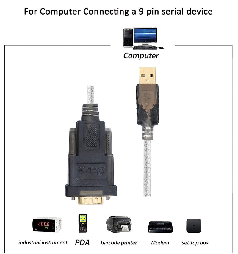 [Australia - AusPower] - DTech Serial Cable to USB Adapter DB9 Male RS232 Port Supports Windows 11 10 8 7 Mac (6 Feet, PL2303) 