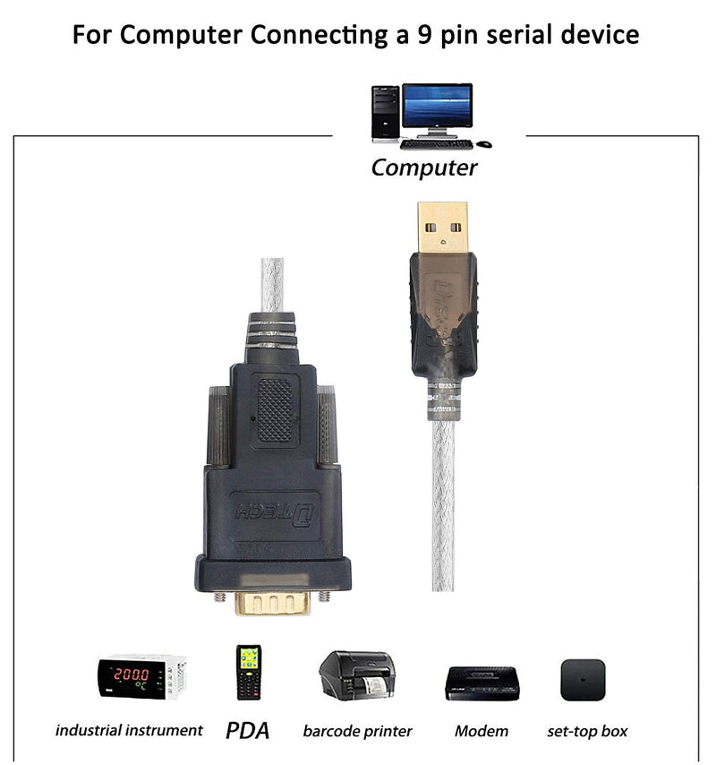 [Australia - AusPower] - DTECH Serial Cable to USB Adapter DB9 Male RS232 Port Supports Windows 11 10 8 7 Mac (6 Feet, PL2303) 