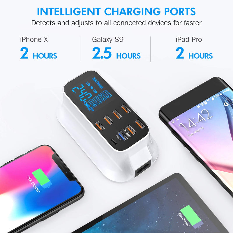 [Australia - AusPower] - Multiple USB Charger, 8-Port Desktop Charging Station with Quick Charge 3.0 USB Port, Type C Port and LCD Display for Smart Phones, Tablet and More 