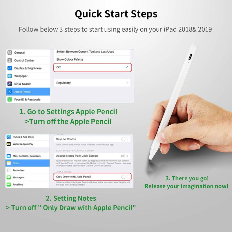 [Australia - AusPower] - 2019 iPad Air 3rd Generation 10.5-Inch Stylus Pens with Palm Rejection,Active Stylus Digital Pen Type-C Charge with 1.0mm Plastic Tip Pencil for Apple 2019 iPad Air 3rd Gen 10.5",White 