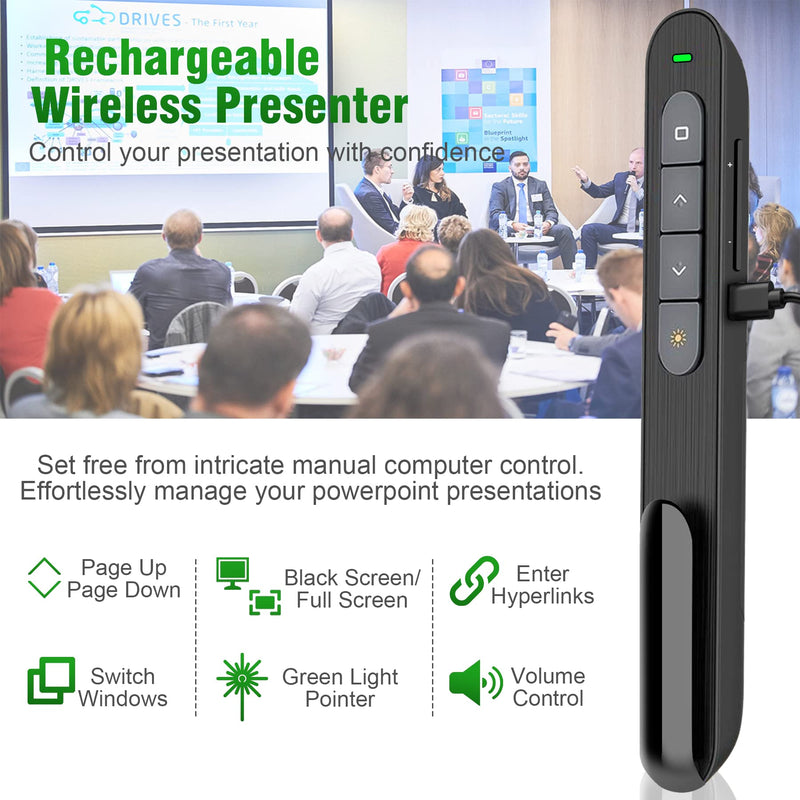 [Australia - AusPower] - Presentation Clicker for Powerpoint Presentation Pointer, Powerpoint Clicker 2.4Ghz Wireless Presenter Remote PPT Clicker with Hyperlink&Volume Control, Rechargeable Presentation Remote Pointer(Green) 