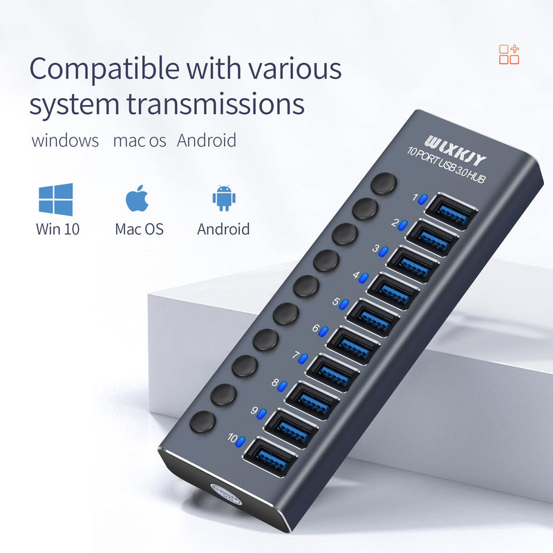 [Australia - AusPower] - Active USB Hub, WLXKJY Aluminum 10-Port USB 3.0 Hub with 10 USB 3.0 Data Transfer Ports, USB Splitter with Individual Switch and 60W (12V/5A) Power Adapter 