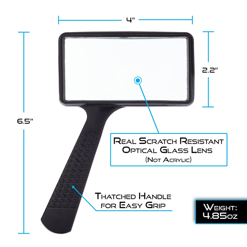 [Australia - AusPower] - Jumbo Rectangular Handheld Magnifying Glass (3X Magnification) – Scratch Resistant Glass Lens - Large Horizontal Viewing Area 