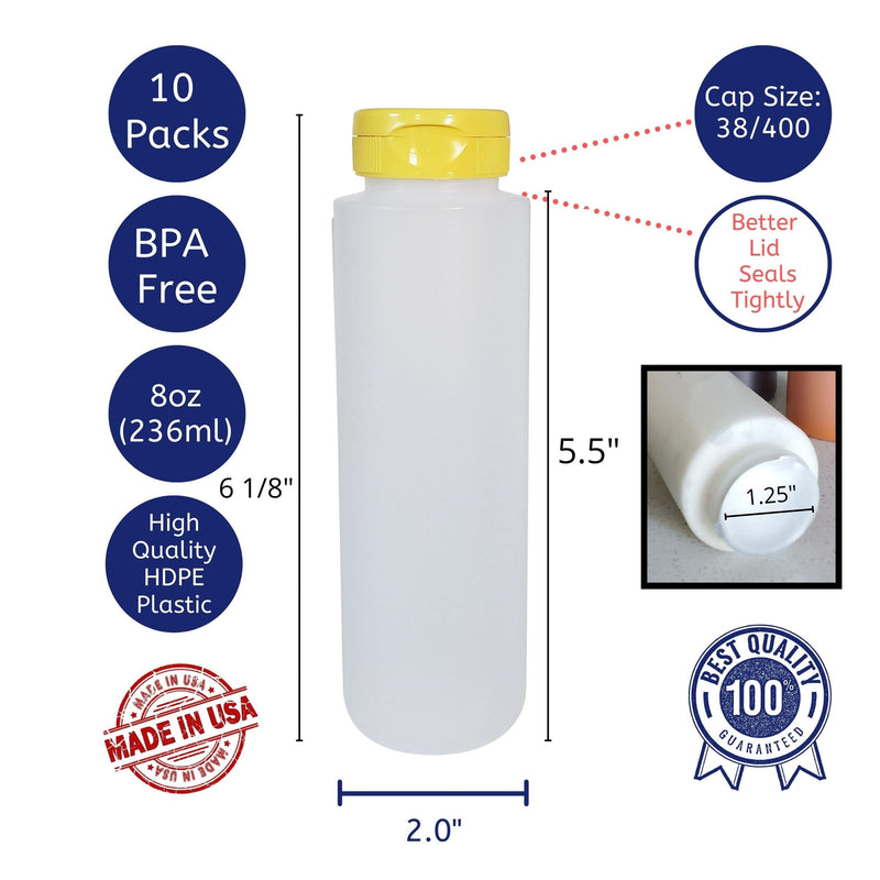 [Australia - AusPower] - kelkaa 8oz HDPE Plastic Squeeze Bottles with Wide Mouth Opening, Yellow Flip Top Caps for Condiments and Any Thick Liquid Products, Multi-Purpose Refillable Empty Bottles (Pack of 10) 