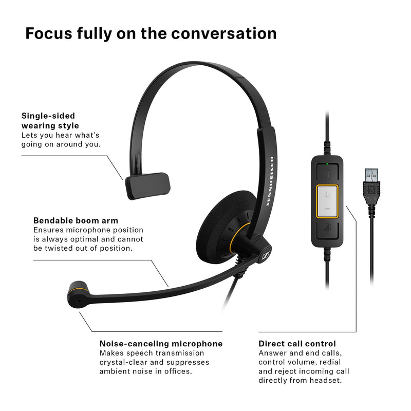 [Australia - AusPower] - Sennheiser SC 30 USB ML (504546) - Single-Sided Business Headset | For Skype for Business | with HD Sound, Noise-Cancelling Microphone, & USB Connector (Black) 