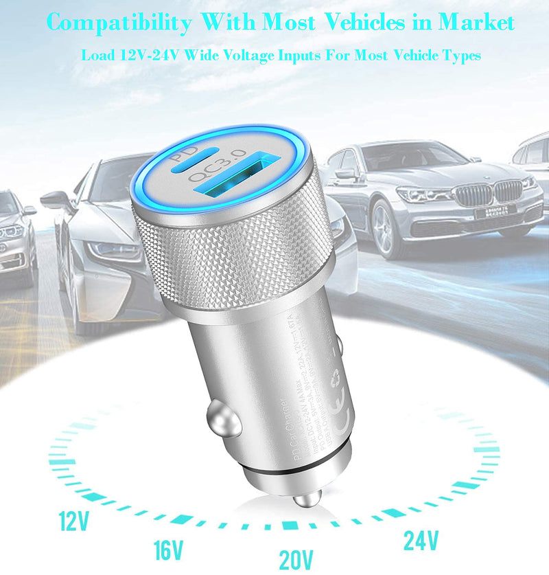 [Australia - AusPower] - [Apple MFi Certified] iPhone Fast Car Charger, Veetone 38W Dual Port USB C Power Delivery All Metal Car Adapter with 2 Pack Lightning Cable, PD/QC 3.0 Type C Rapid Car Charging for iPhone/iPad/Airpods Silver 
