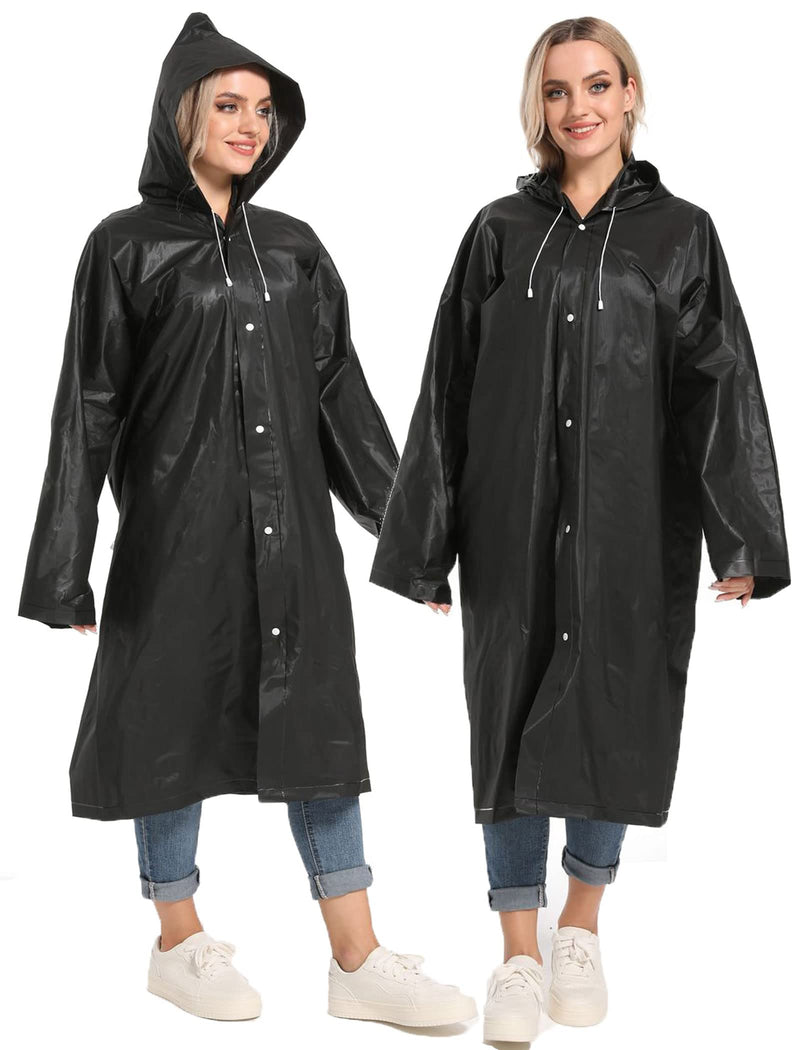 [Australia - AusPower] - Rain Ponchos for Adults Reusable - Borogo 2Pcs Raincoats Emergency Survival with Hoods and Sleeves for Women Men Black 