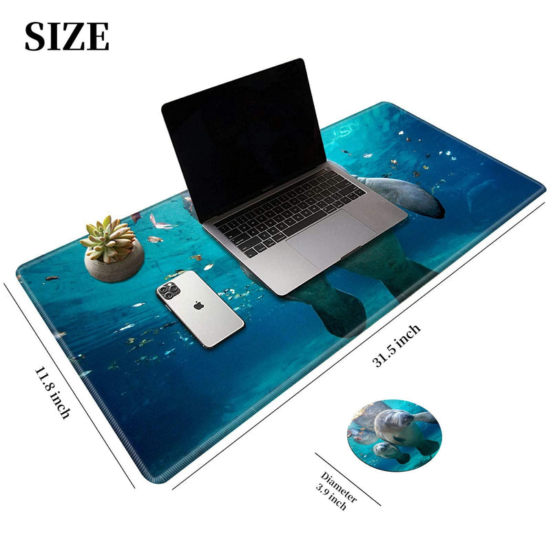 [Australia - AusPower] - Large Gaming Mouse Pad, Blue Sea World Manatees Desk Pad, Big Extended Mouse Mat Keyboard Pad with Stitched Edge for Laptop Computer Game Office Home Desk Decor (with Coaster & Sticker) 