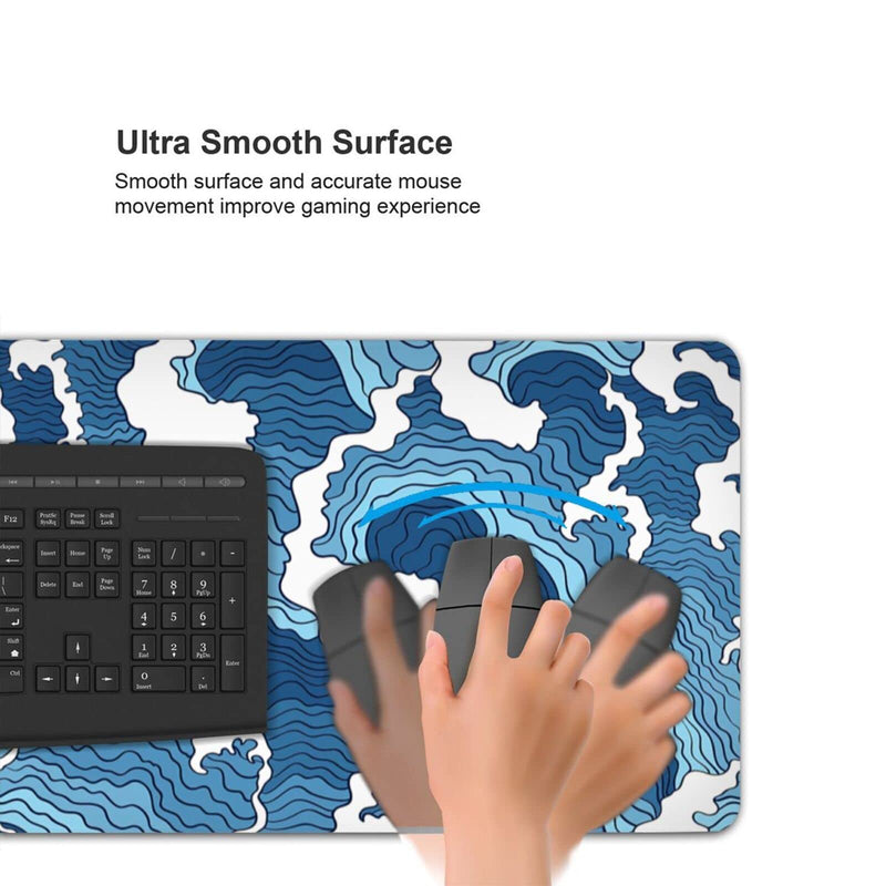 [Australia - AusPower] - Japanese Wave Mouse Pad Blue and White Mouse Pad Gaming Large XXL Long Mousepad Extended XL Desk Mat Non-Slip Rubber Base Stitched Edges Mice Pad 31.5 X 11.8 Inch Abstract Japanese Wave 