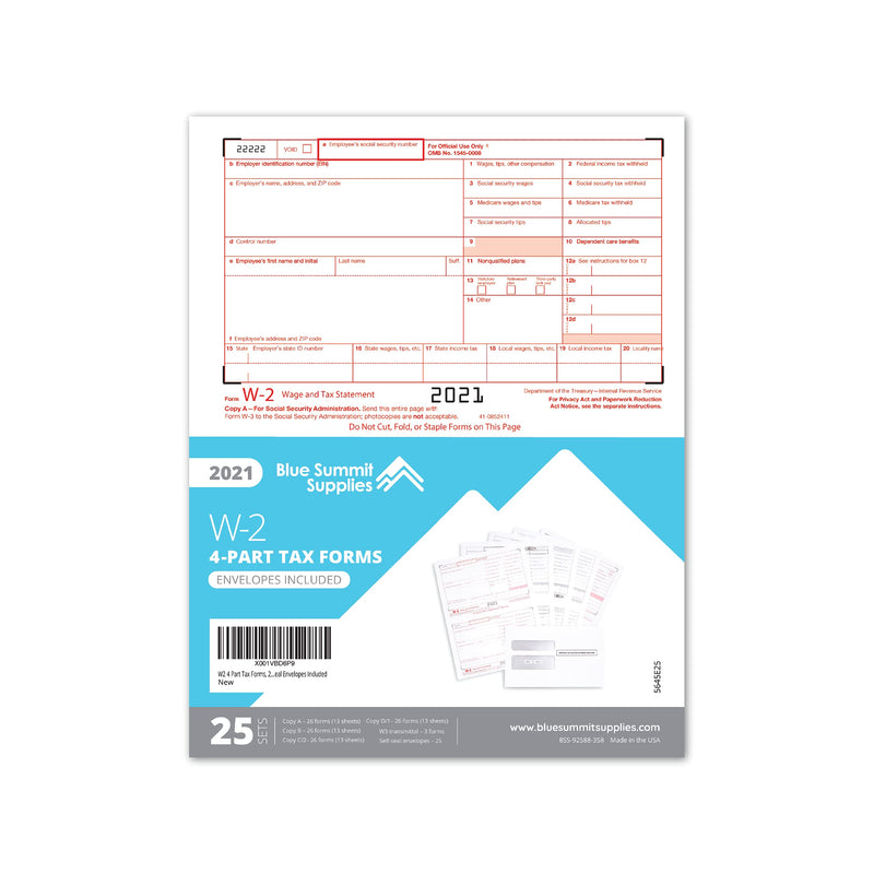 [Australia - AusPower] - W2 Forms 2021, 4 Part Tax Forms, 25 Employee Kit of Laser Forms, Compatible with QuickBooks and Accounting Software, 25 Self Seal Envelopes Included 