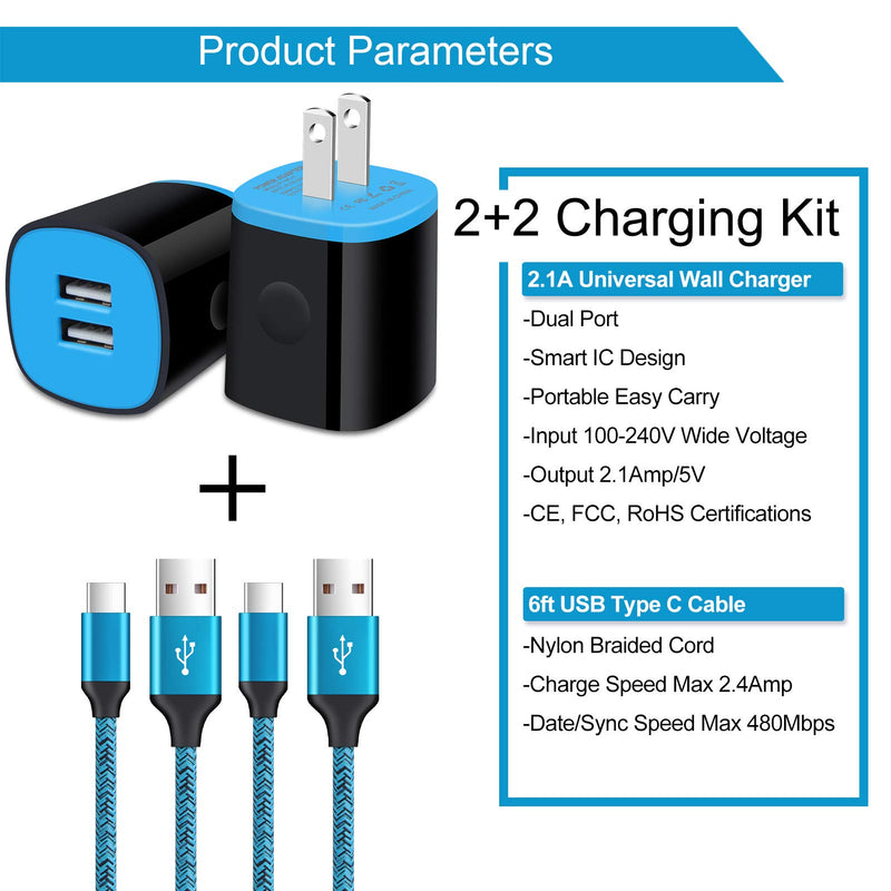 [Australia - AusPower] - USB Wall Charger Fast Charging for Samsung Galaxy S22/S21+/S20 FE/S10E/S9/S8,Note 22/20 Ultra/10/9/8,A50/A20/A21/A51/A71/A10E/A11/A12/A32,Moto G Power/G Stylus/G Fast,Phone Charger Head,Type C Cable 2+2 Charger Kit(Blue) 
