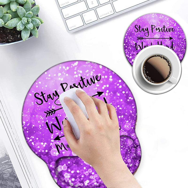 [Australia - AusPower] - Mouse Pad with Wrist Support Gel Ergonomic Mouse Pads with Rest Support Mouse Pad for Home Office Working Pain Relief + Coaster, Stay Positive Work Hard and Make It Happen Purple Glitter Yu-mouse Pad-2-h24 