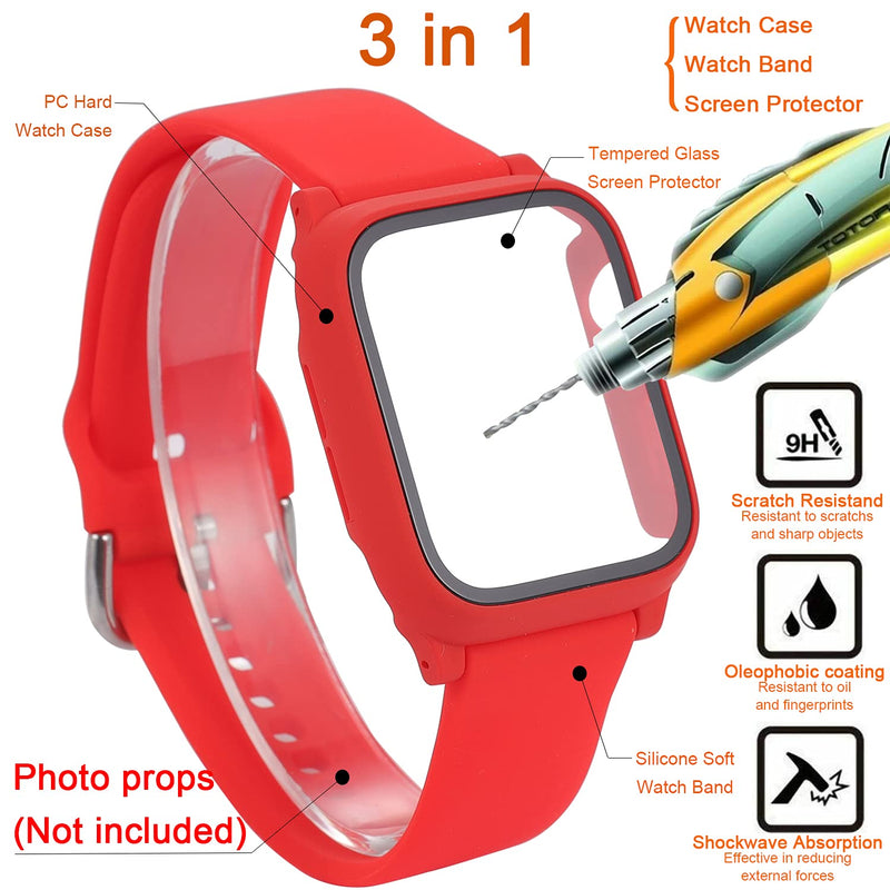 [Australia - AusPower] - 3 in 1 for Apple Watch Band with Case Built-in Screen Protector,SmartWatch Silicone Men Women Sport Wrist Strap & PC Hard Bumper Cover & Tempered Glass Screen Protector for iWatch SE Series 6 5 4 Red 40mm 