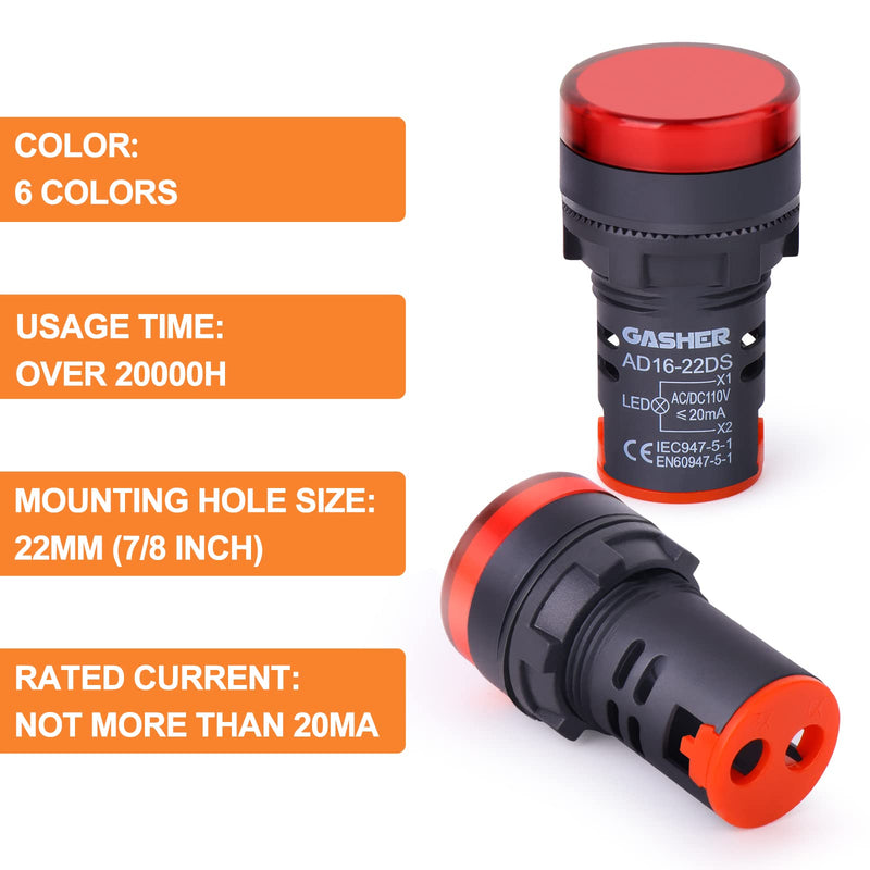 [Australia - AusPower] - GASHER 12V/24V/110V 20mA Energy Saving Indicator Light Mounting Hole Size 22mm (7/8 Inch) Red Green Yellow 6 Pcs 24V 