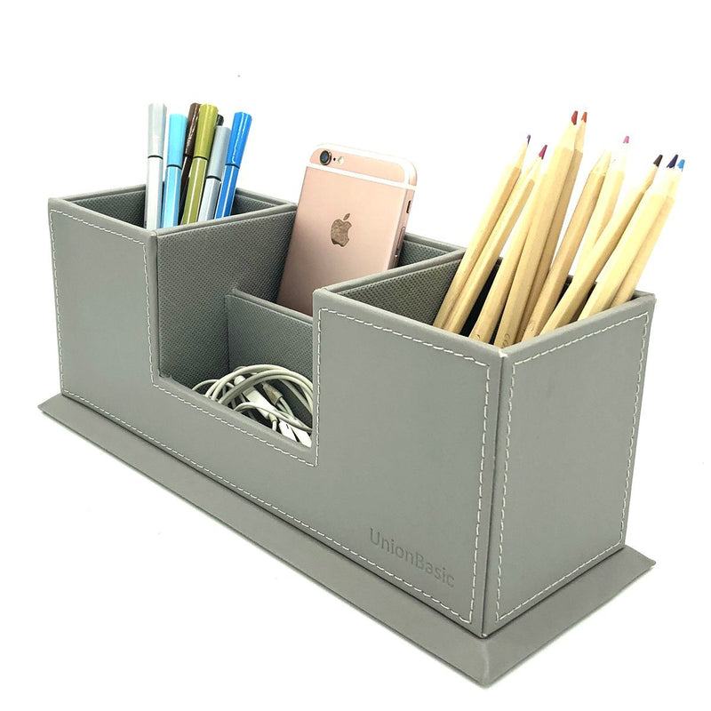 [Australia - AusPower] - UnionBasic 4-Compartment Desk Organizer - Dual Pen Holder - Desktop Card/Pen/Pencil/Mobile Phone Office Supplies Holder (Grey) Gray 