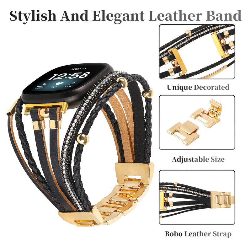 [Australia - AusPower] - Posh Leather Bands Compatible with Fitbit Versa 3/Fitbit Sense, Women Boho Stylish Multilayer Wrap Bracelets Wristband, Handmade Adjustable Jewelry Strap for Sense/Versa 3 Smart Watch Black 