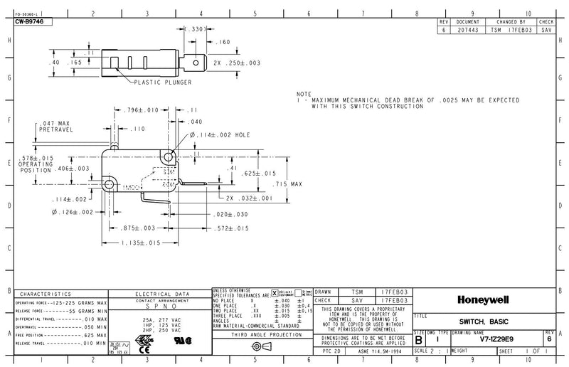 [Australia - AusPower] - Honeywell V7-1Z29E9 Switch, Basic, SPST, NO, Pin Plunger, Miniature 