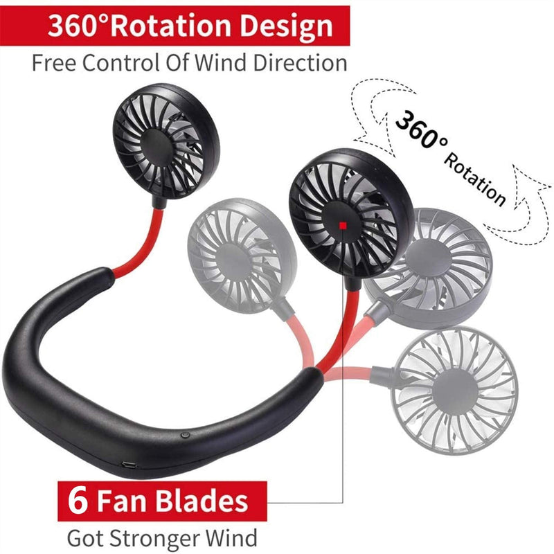 [Australia - AusPower] - Hands Free Portable Neck Fan, Rechargeable Mini USB Personal Fan Sports Fan with 3 Speeds 360 Degree Adjustable head and LED Colored Light Suitable for Outdoor Indoor Traveling Sport (Black) Black 