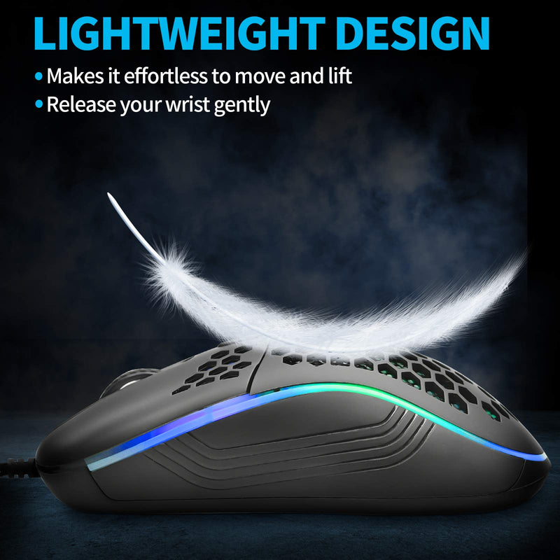 [Australia - AusPower] - Honeycomb Wired Gaming Mouse, RGB Backlight and 7200 Adjustable DPI, Ergonomic and Lightweight USB Computer Mouse with High Precision Sensor for Windows PC & Laptop Gamers (Black) Black 