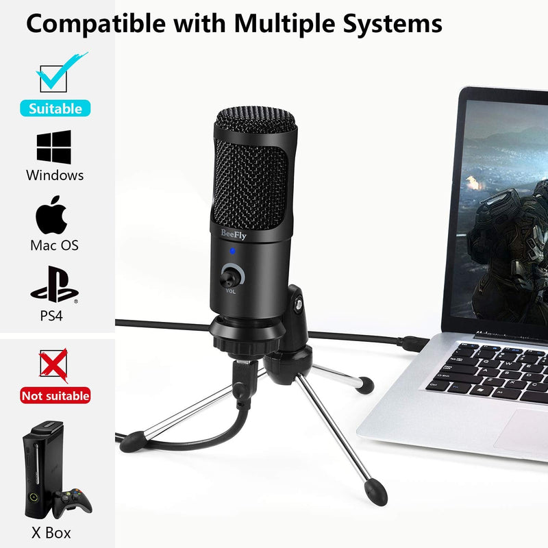 [Australia - AusPower] - BeeFly USB Microphone, Microphone for Computer Metal Condenser Recording Microphone for PS4 Mac Windows Computer Desktop Microphone for Gaming Podcast Streaming YouTube Chatting 