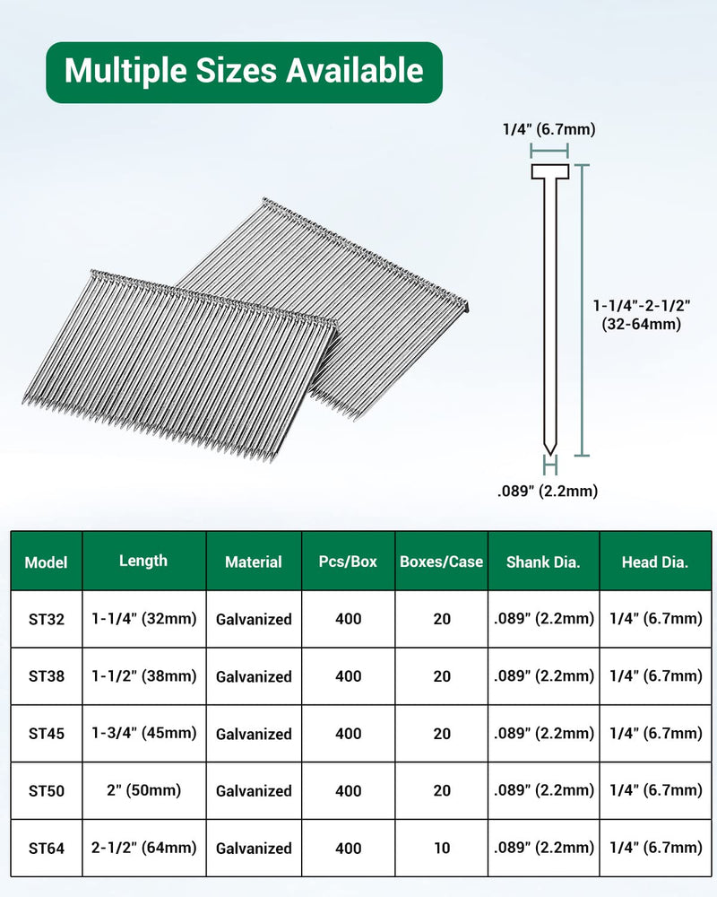 [Australia - AusPower] - meite 14 Gauge Concrete T Nails for Pneumatic Concrete Nailer Gun - 1-1/2" Length Galvanized Concrete Finish Nails (400 PCS/BOX) 