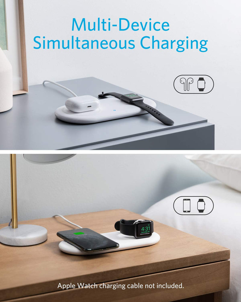[Australia - AusPower] - Anker Wireless Charging Station, 2 in 1 PowerWave+ Pad with Holder for Apple Watch 5/4/3/2, Wireless Charger for iPhone 13, 12, 12 Pro Max, 11, AirPods (Watch Charging Cable & AC Adapter Not Included) 