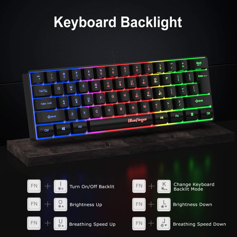 [Australia - AusPower] - Bluefinger 60% Gaming Keyboard and Mouse Combo, Compact 61 Keys RGB Rainbow Backlit USB Wired Gaming Keyboard with Illuminated Gaming Mouse for PC Laptop Computer Gamer Office Work 
