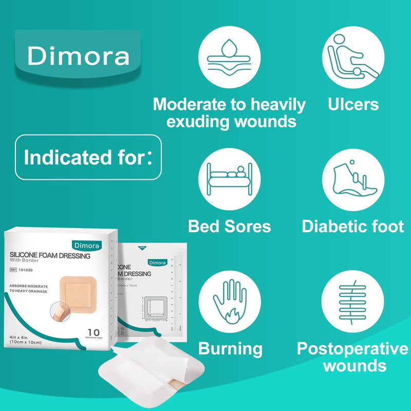 [Australia - AusPower] - Dimora Silicone Foam Dressing with Border Adhesive 4"x4" Waterproof Wound Dressing Bandage for Wound Care 10 Pack 4x4 Inch (Pack of 10) 
