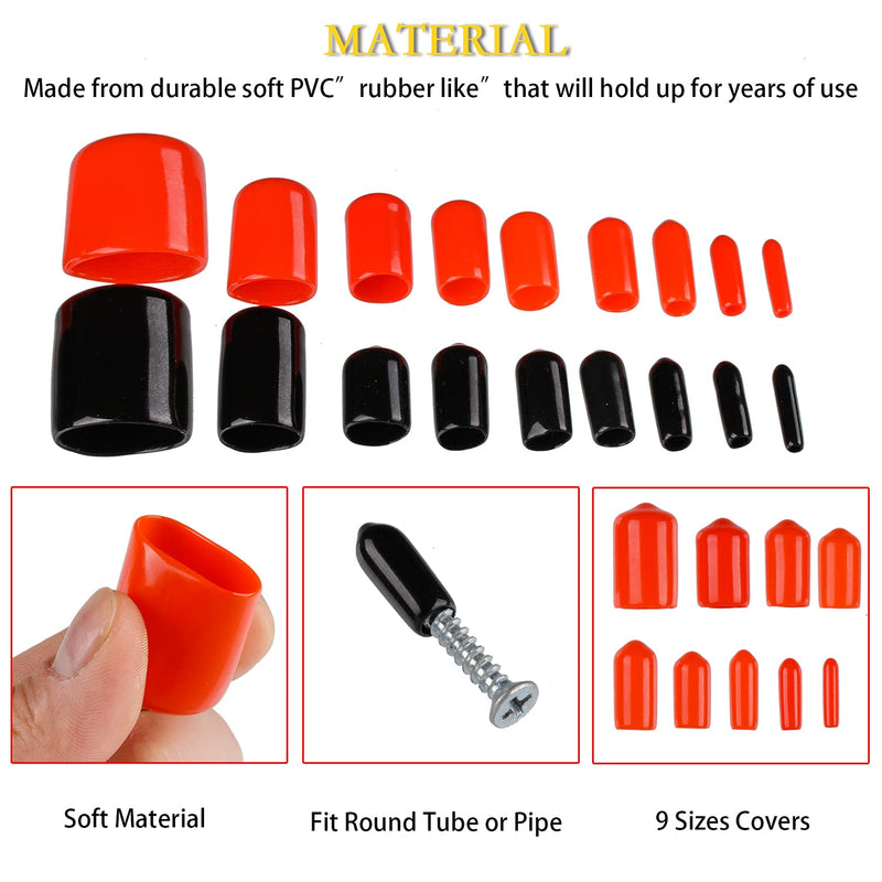 [Australia - AusPower] - 300 Pieces Vinyl End Caps Black and Red Screw Bolt Screw Rubber Thread Protector Safety Cover in 9 Sizes Form 0.08 to 0.8 Inch Red and Black 