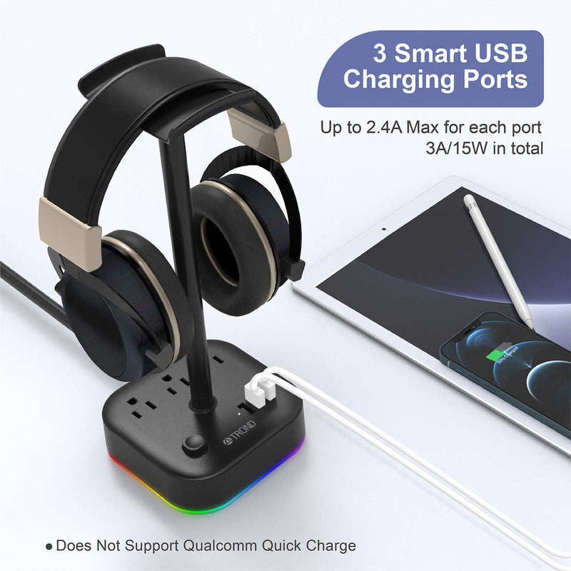 [Australia - AusPower] - TROND Headset Holder Headphone Stand with USB Charger & Power Strip 2 in 1, RGB Earphone Hanger Accessories 3 USB Charging Port, 3 AC Outlet for Desk Gaming, Desktop, DJ (Black) 