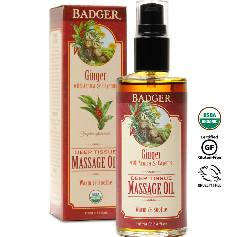 [Australia - AusPower] - Badger - Deep Tissue Massage Oil, Ginger with Arnica & Cayenne, Certified Organic Massage Oil, Warm & Soothe, Massage Oil for Sore Muscles, Essential Oils, 4 oz 