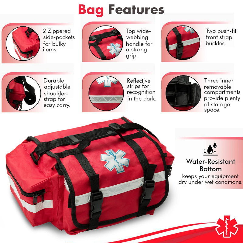 [Australia - AusPower] - NOVAMEDIC Professional Empty Red First Responder Bag, 17" x 9" x 7", EMT Trauma First Aid Carrier for Paramedics and Emergency Medical Supplies Kit, Lightweight and Durable 